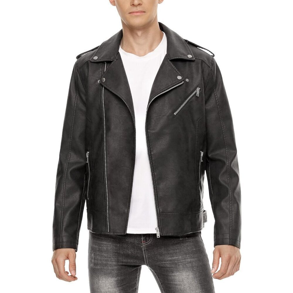 🆕Men's Black Faux Leather Biker Jacket Slim Fit Motorcycle Bomber Zip Up Coat